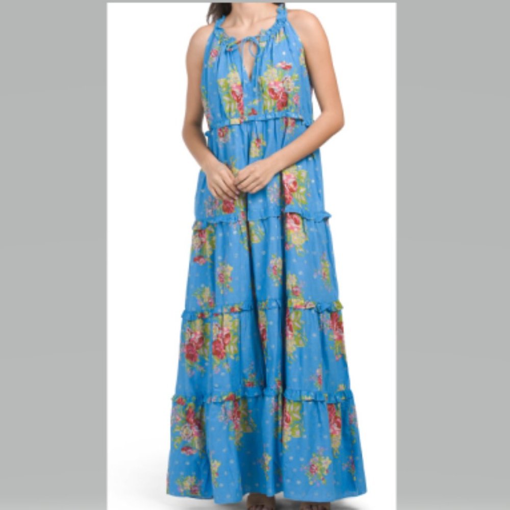 House of Harlow Floral Tiered Cotton Maxi Dress in Helena Blue Size M NWT